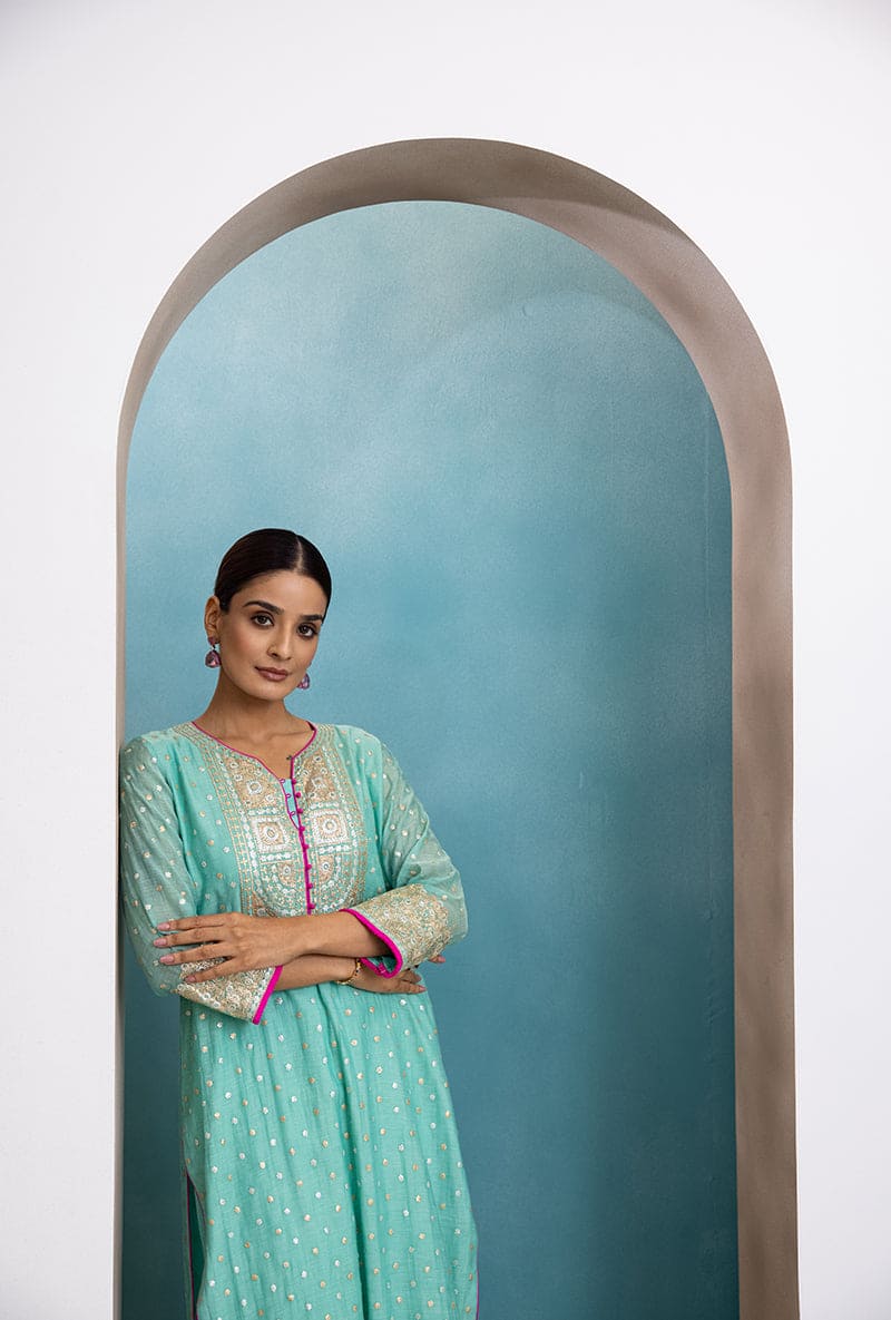 Aqua & Yellow Zari Square Yoke Mastaani Kurta Set