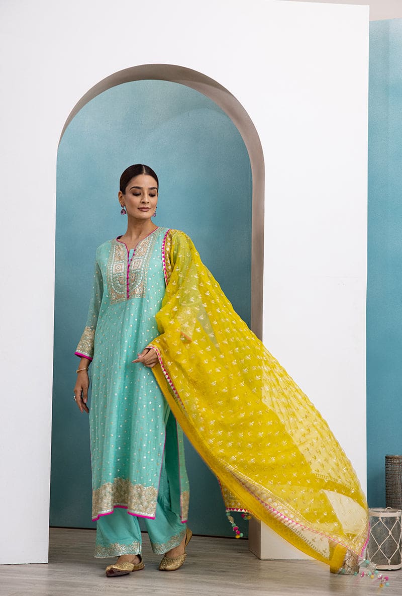 Aqua & Yellow Zari Square Yoke Mastaani Kurta Set