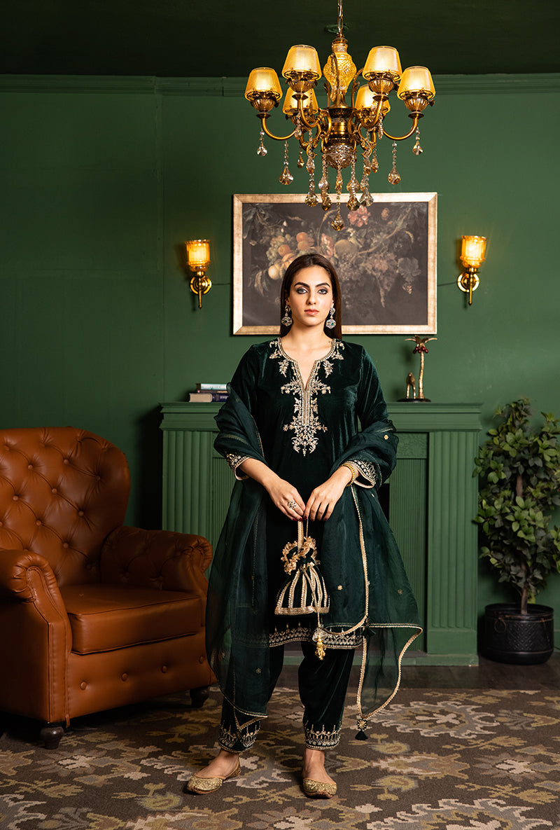 Bottle Green Velvet Gota And Pearl Dastaan Salwar Set