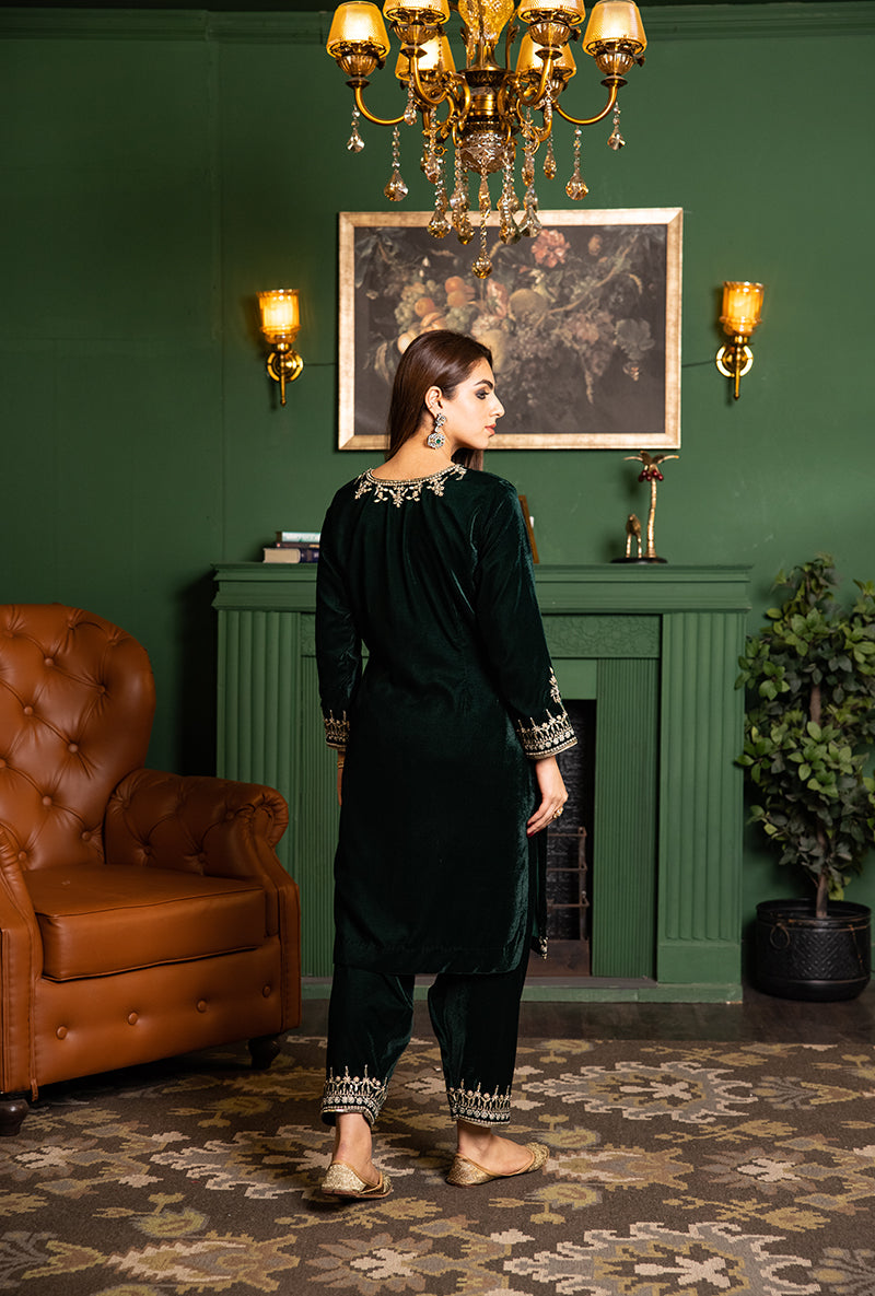 Bottle Green Velvet Gota And Pearl Dastaan Salwar Set