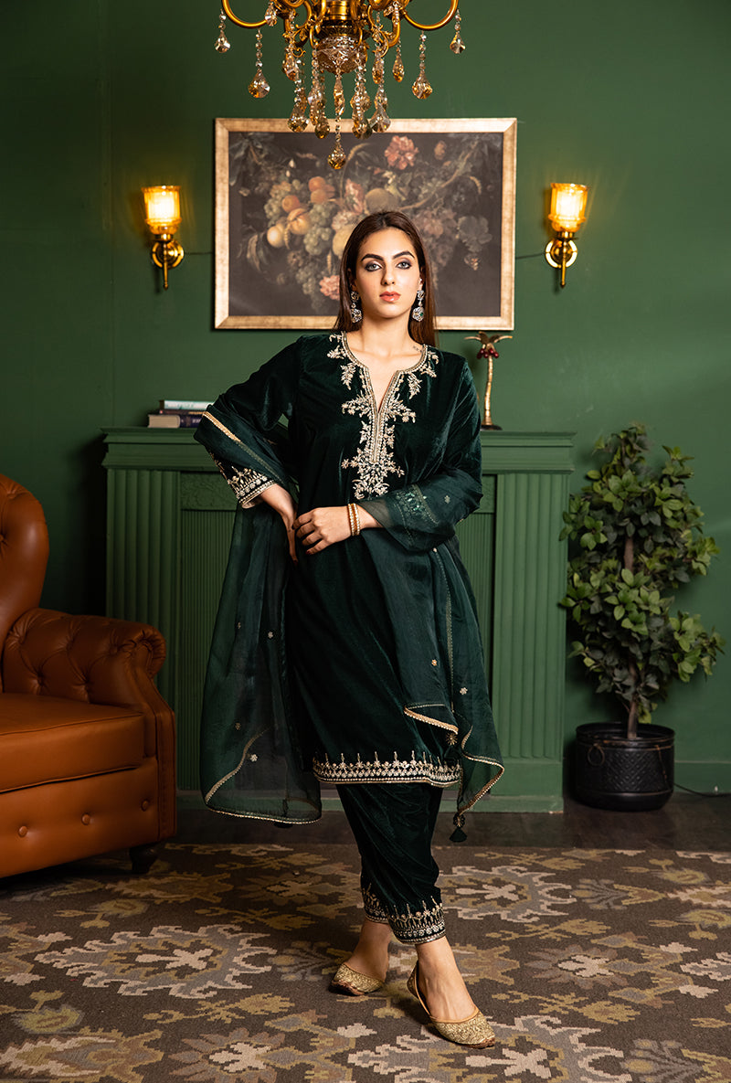 Bottle Green Velvet Gota And Pearl Dastaan Salwar Set