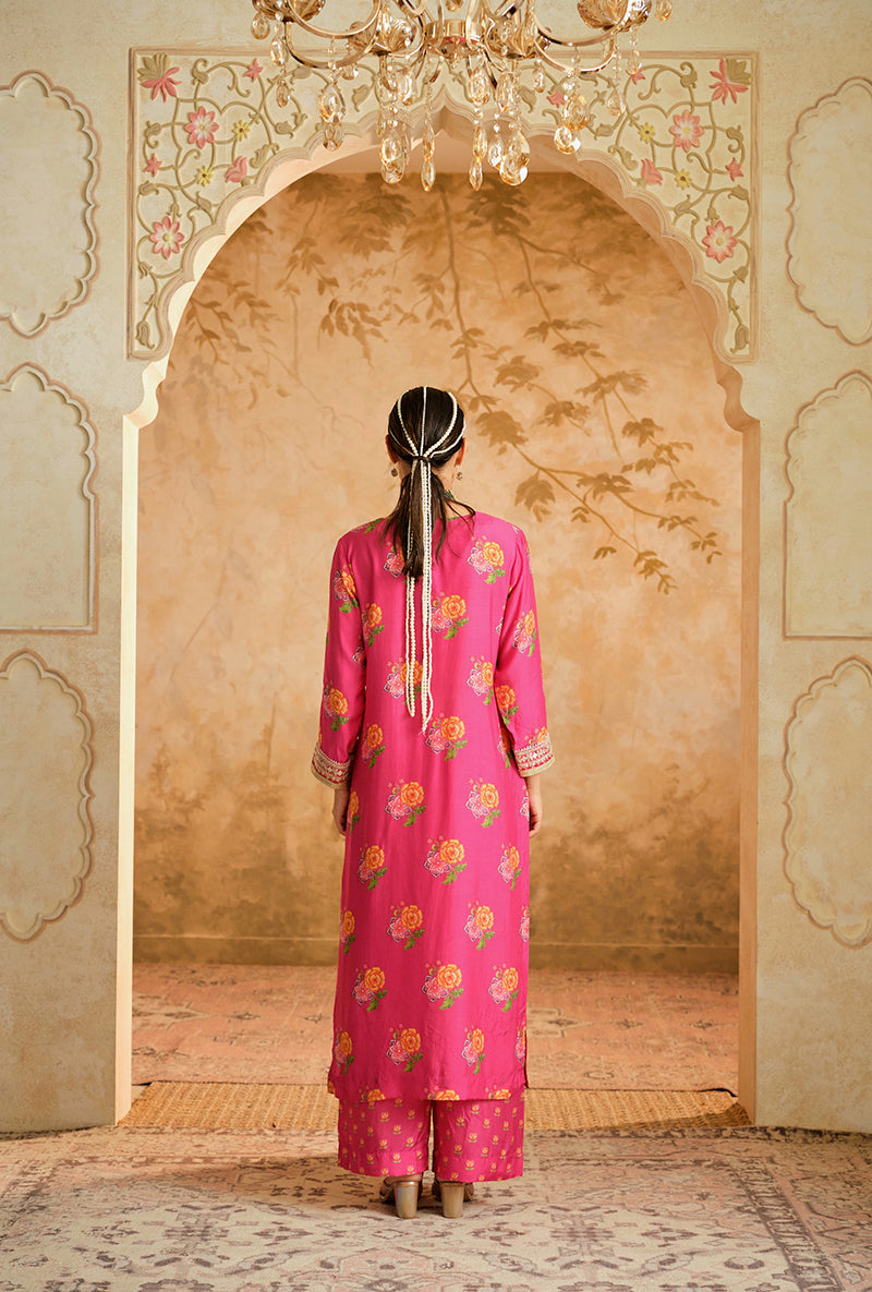 Hot Pink Butti Print A Line Goonj Kurta Set