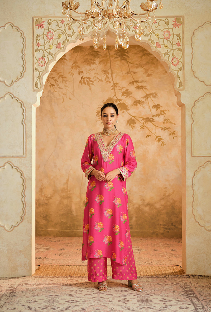Hot Pink Butti Print A Line Goonj Kurta Set