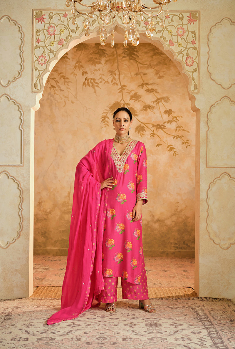 Hot Pink Butti Print A Line Goonj Kurta Set