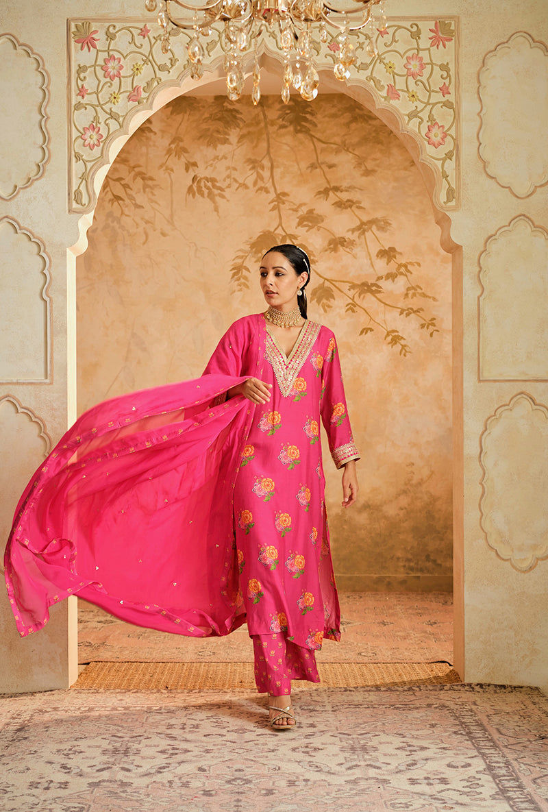 Hot Pink Butti Print A Line Goonj Kurta Set