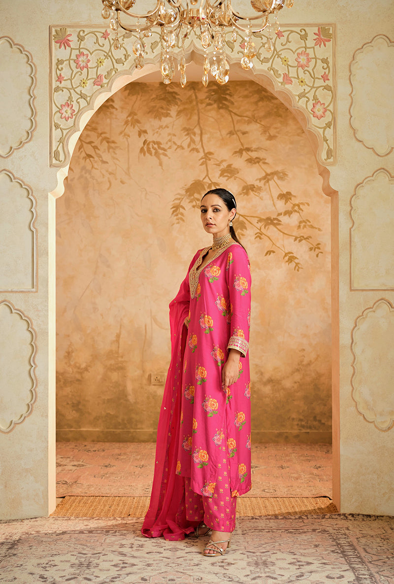 Hot Pink Butti Print A Line Goonj Kurta Set