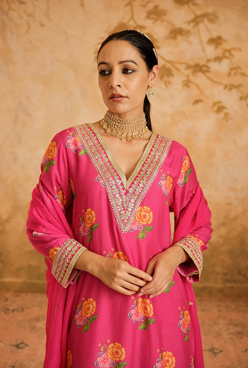 Hot Pink Butti Print A Line Goonj Kurta Set