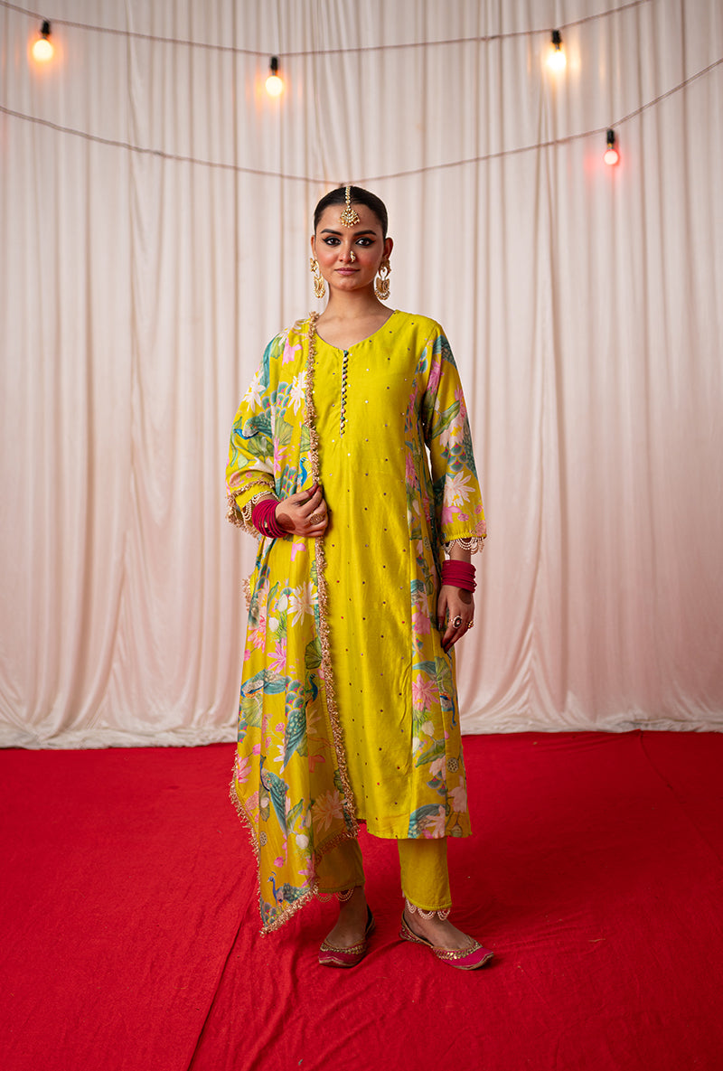 Lime Printed Side Panel Kamli 2.0 Kurta Set