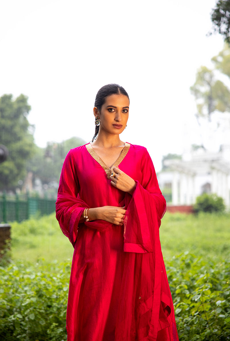 Magenta Pink Hand Embroidered Dor Kurta Set