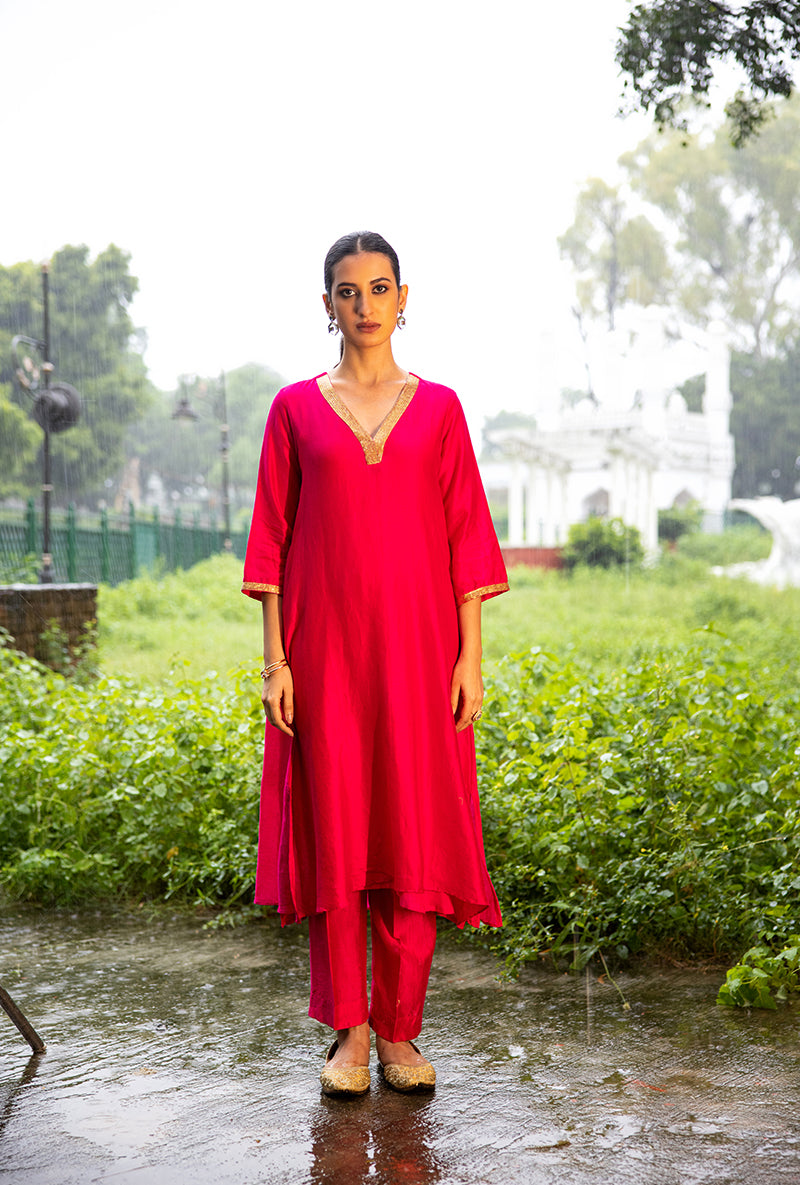 Magenta Pink Hand Embroidered Dor Kurta Set