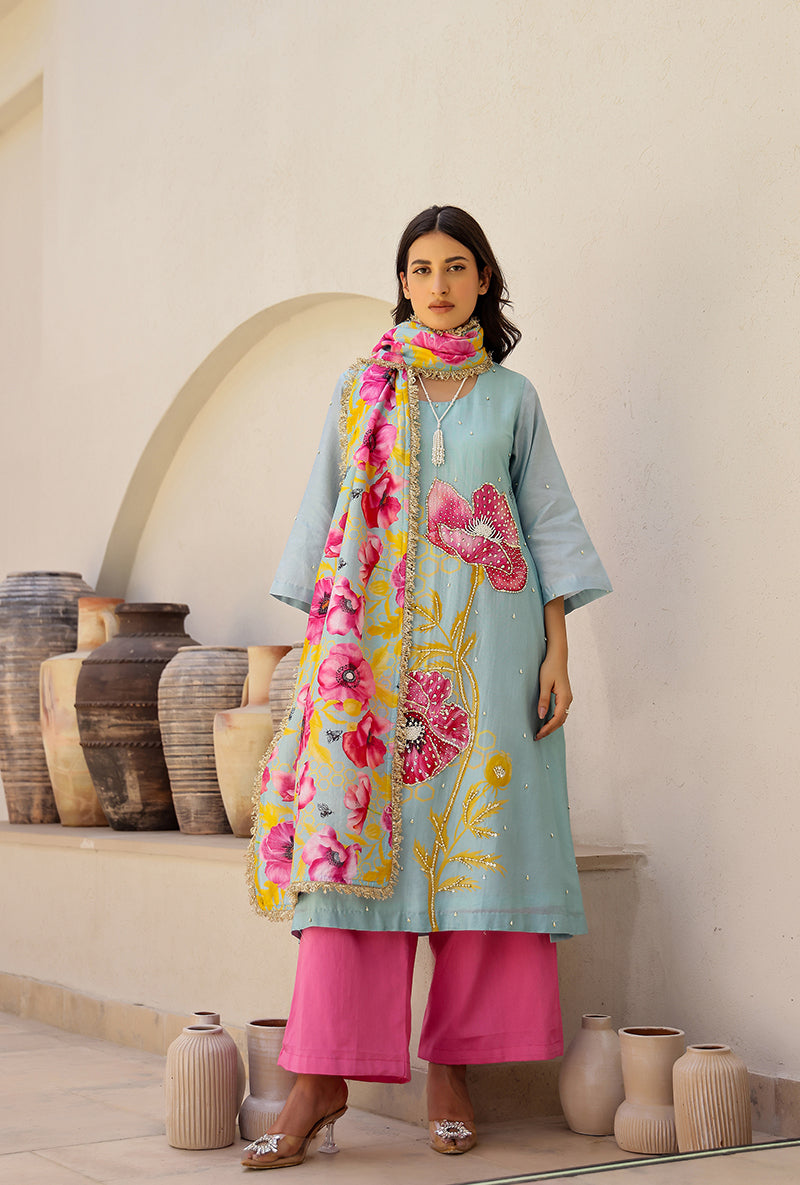 Mint And Pink Garden Printed A Line Magnolia Kurta Set