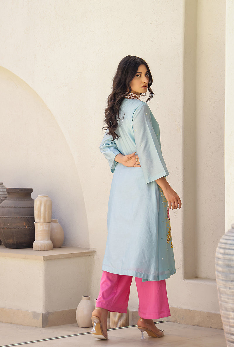 Mint And Pink Garden Printed A Line Magnolia Kurta Set