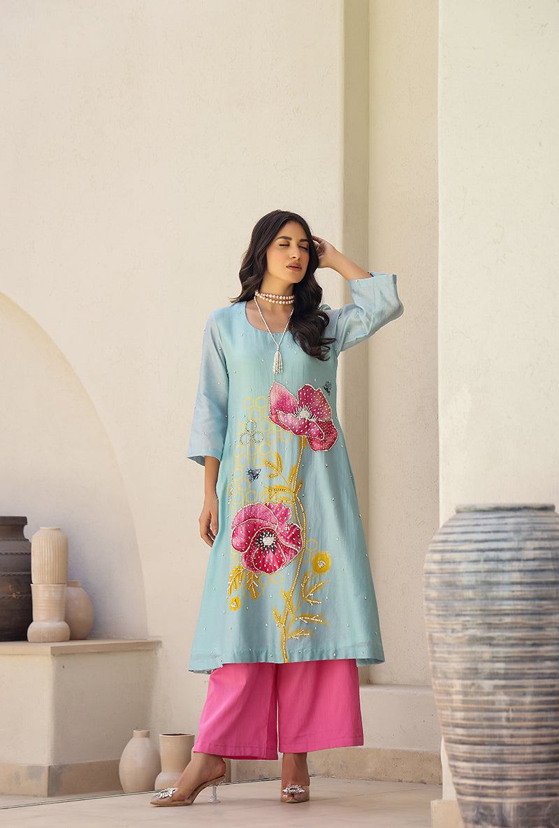 Mint And Pink Garden Printed A Line Magnolia Kurta Set