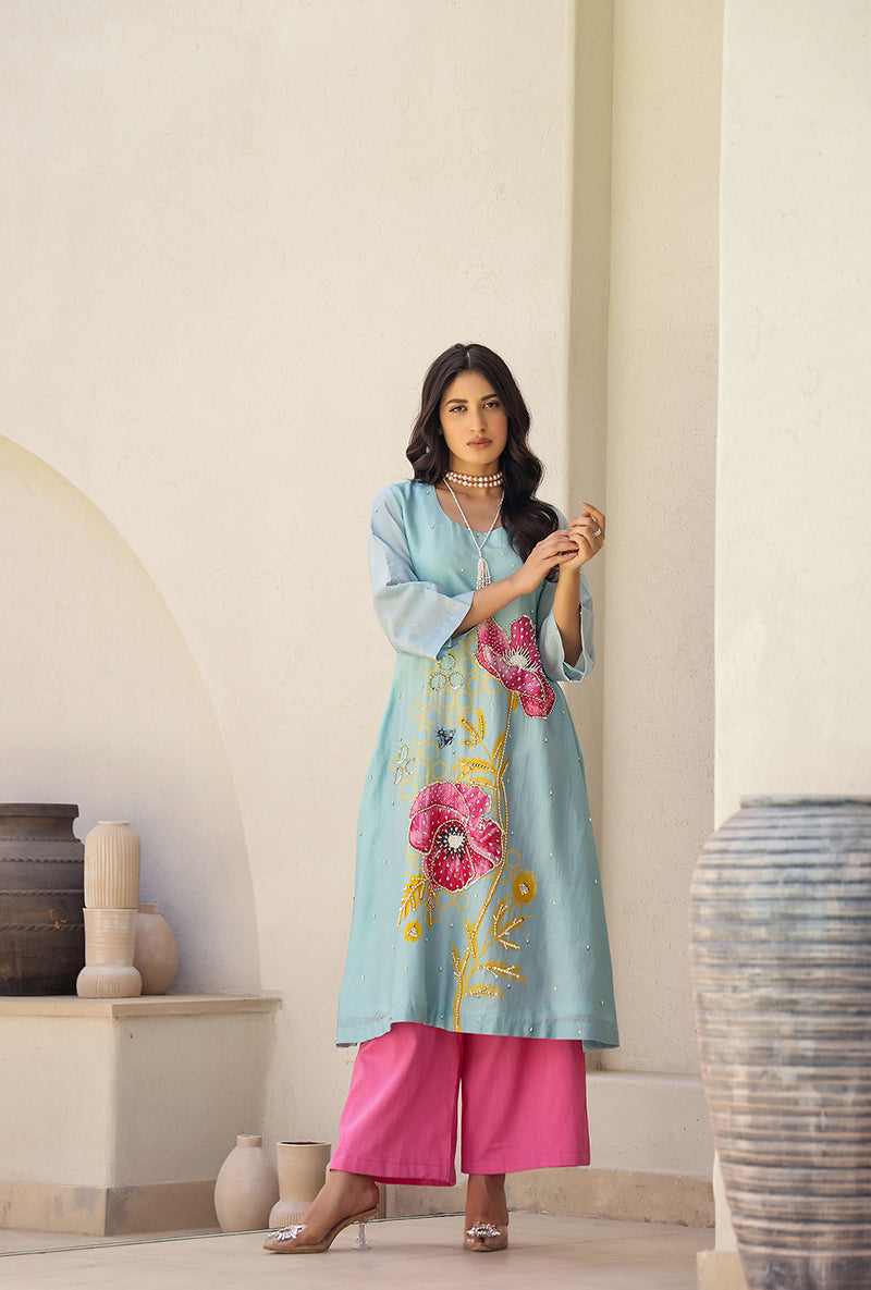 Mint And Pink Garden Printed A Line Magnolia Kurta Set