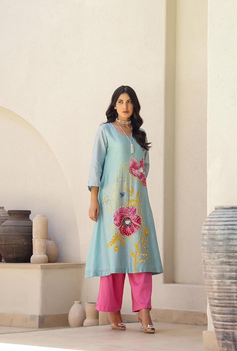 Mint And Pink Garden Printed A Line Magnolia Kurta Set