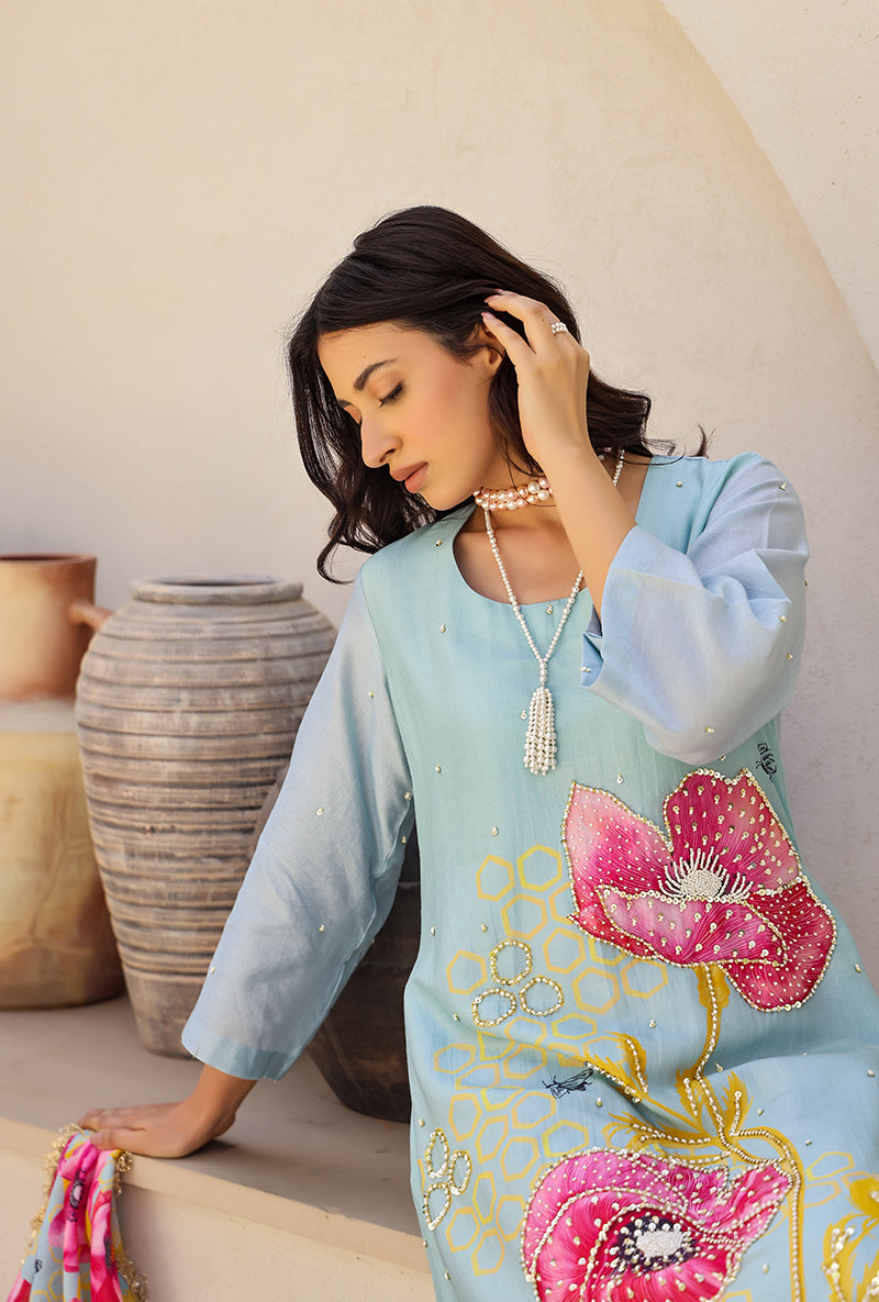 Mint And Pink Garden Printed A Line Magnolia Kurta Set