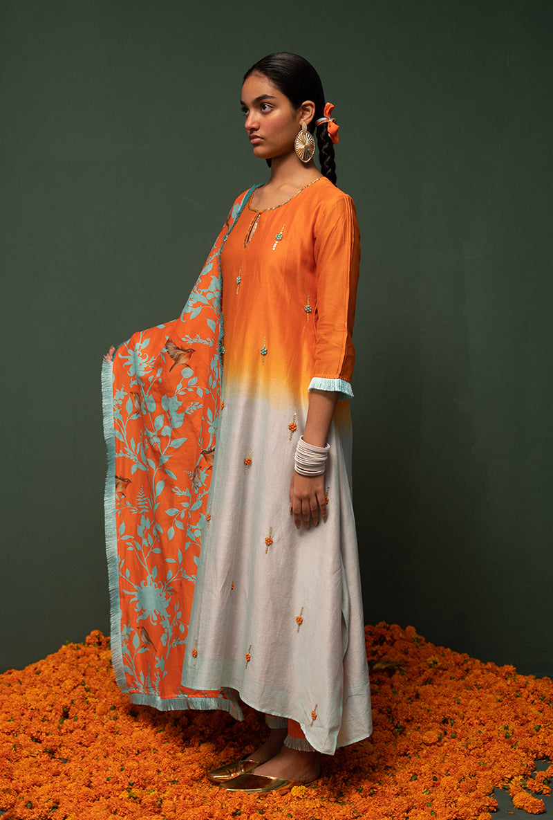 Orange Ombre Asymmetrical Sasha Kurta Set