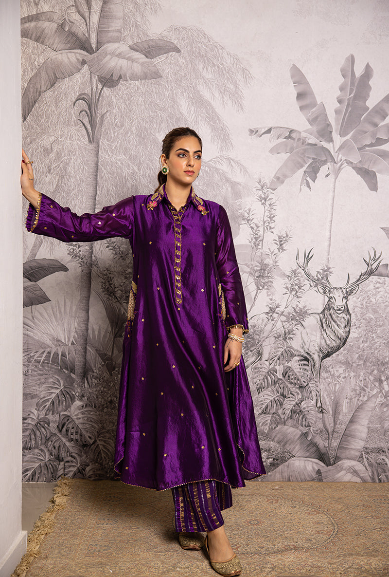 Purple Cheent Embroidery Solid Collar Pocket Shaheen Kurta Set