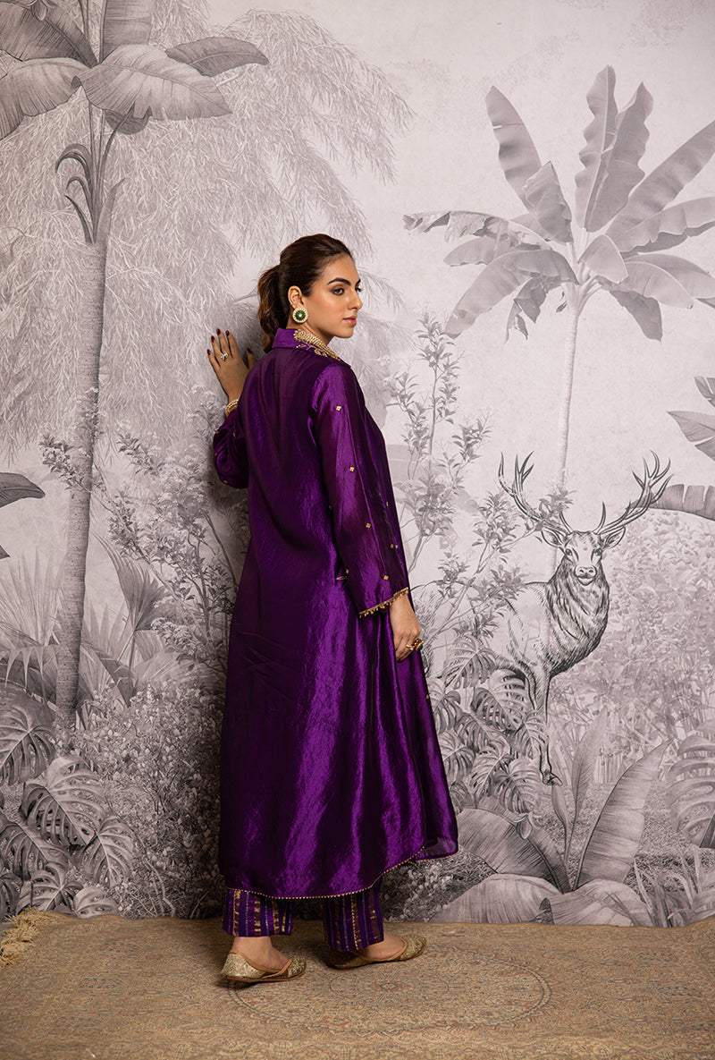Purple Cheent Embroidery Solid Collar Pocket Shaheen Kurta Set