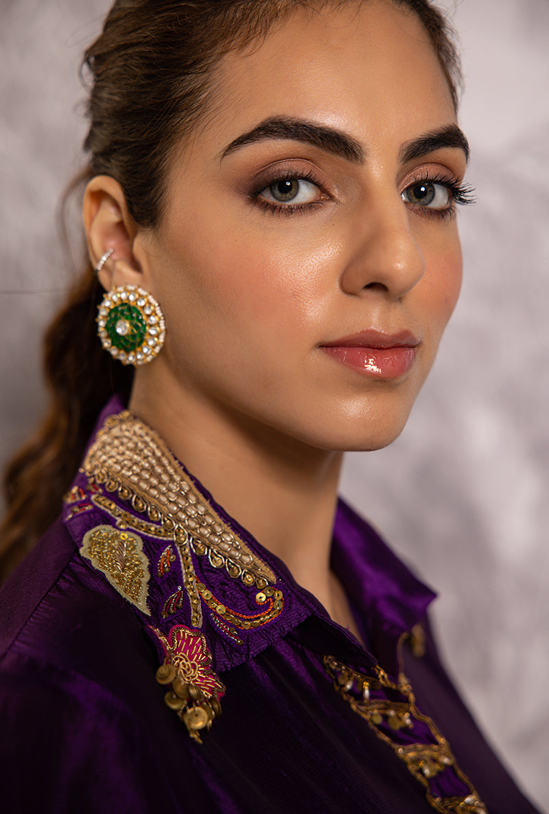 Purple Cheent Embroidery Solid Collar Pocket Shaheen Kurta Set