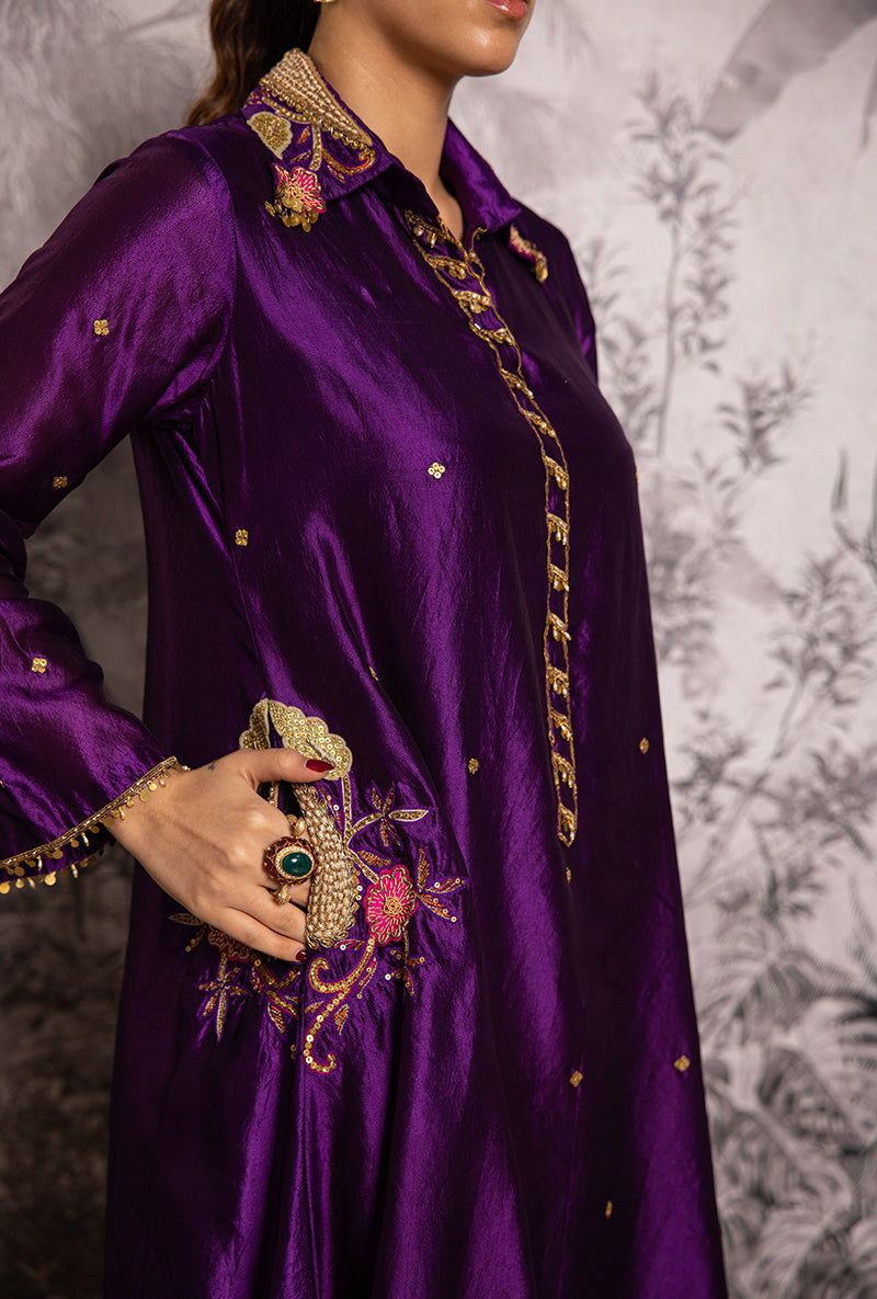Purple Cheent Embroidery Solid Collar Pocket Shaheen Kurta Set