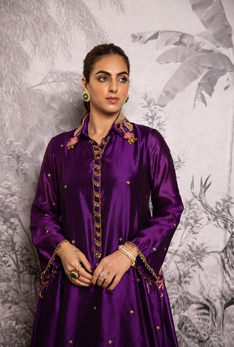 Purple Cheent Embroidery Solid Collar Pocket Shaheen Kurta Set