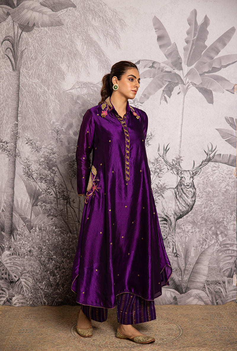 Purple Cheent Embroidery Solid Collar Pocket Shaheen Kurta Set