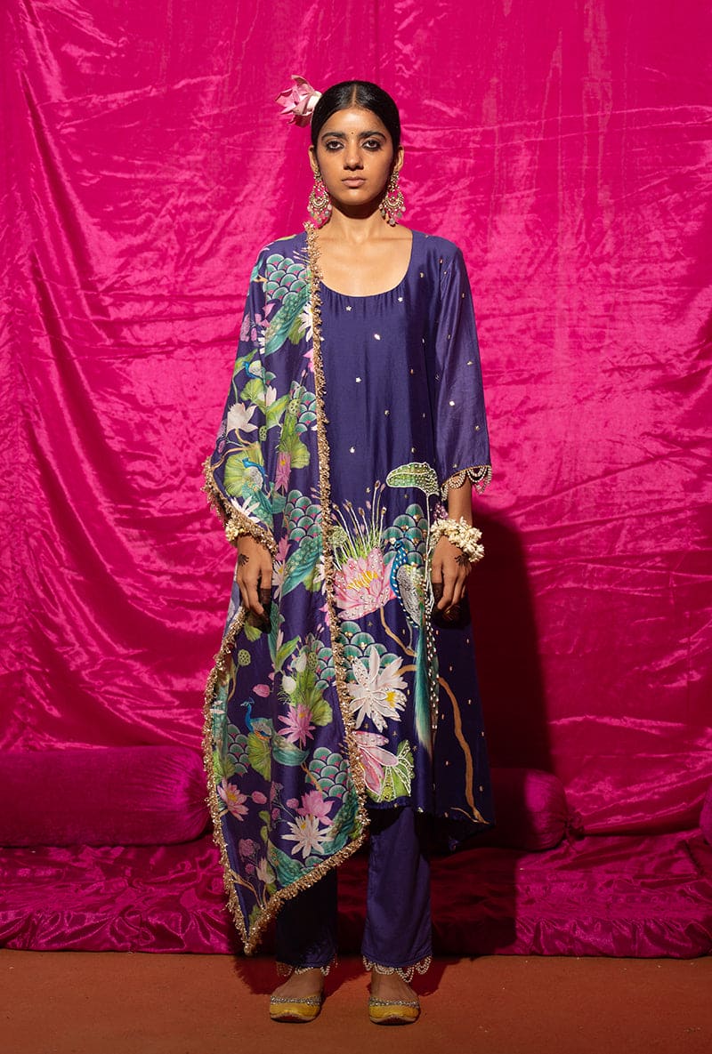 Purple Peacock Motif Kamli Kurta Set