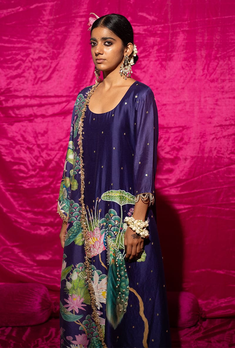Purple Peacock Motif Kamli Kurta Set