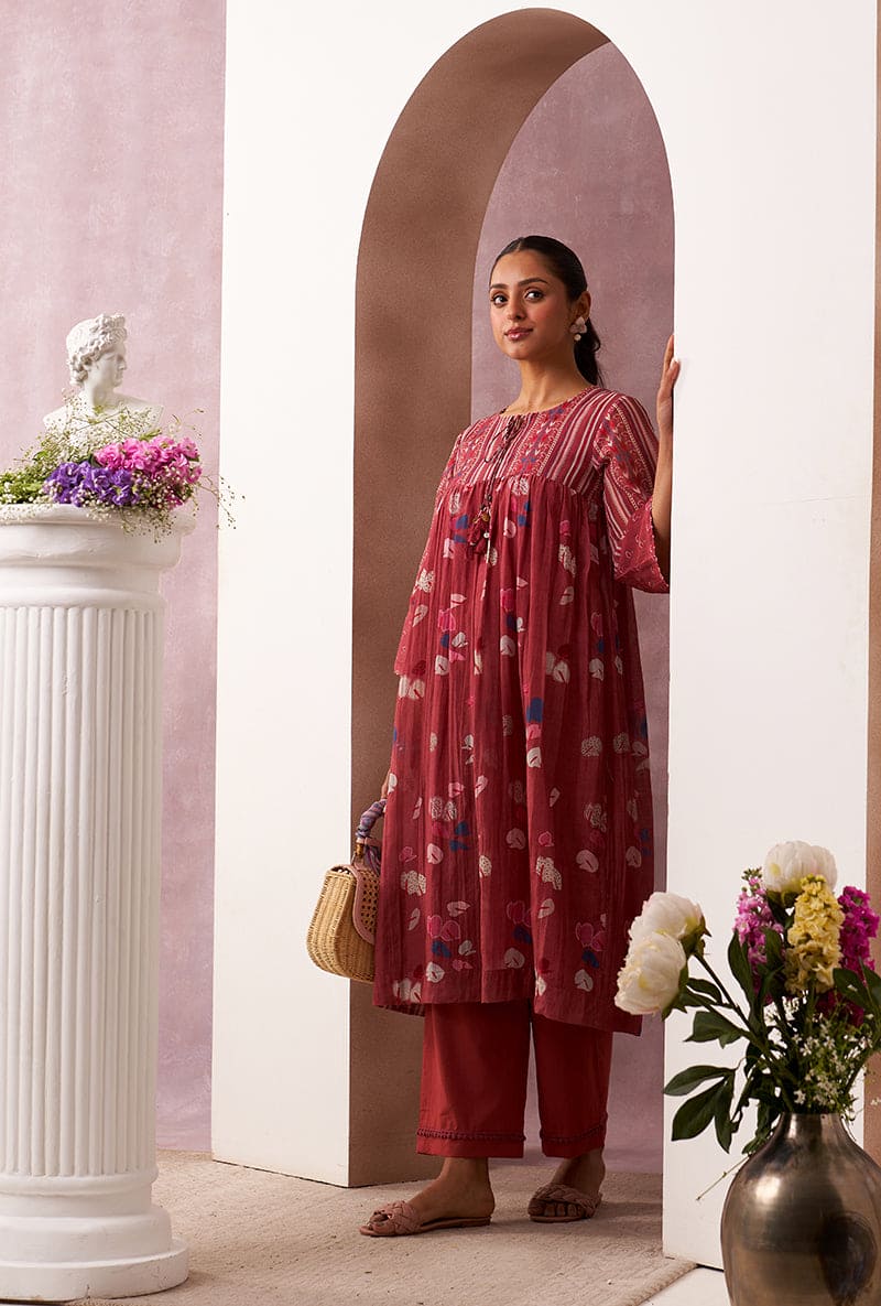 Red Pleated Yoke Mahira Kurta Set