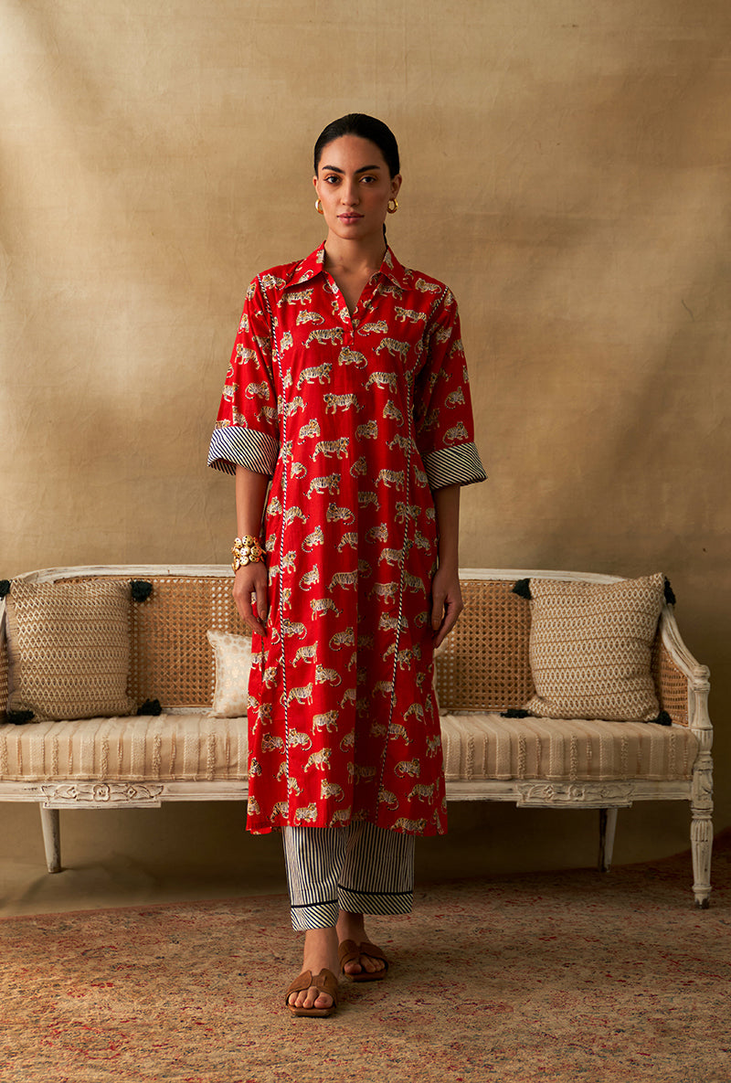 Red Tiger Print Marigold Kurta Set