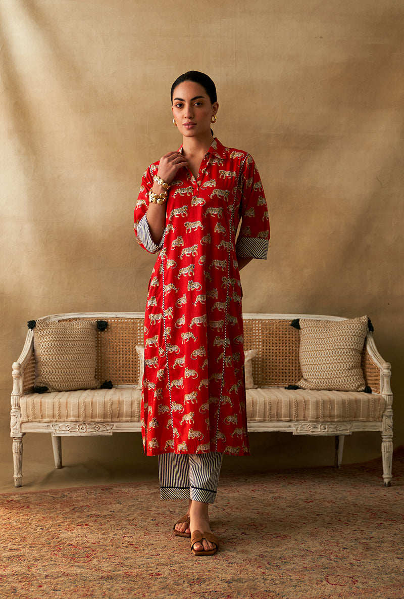 Red Tiger Print Marigold Kurta Set