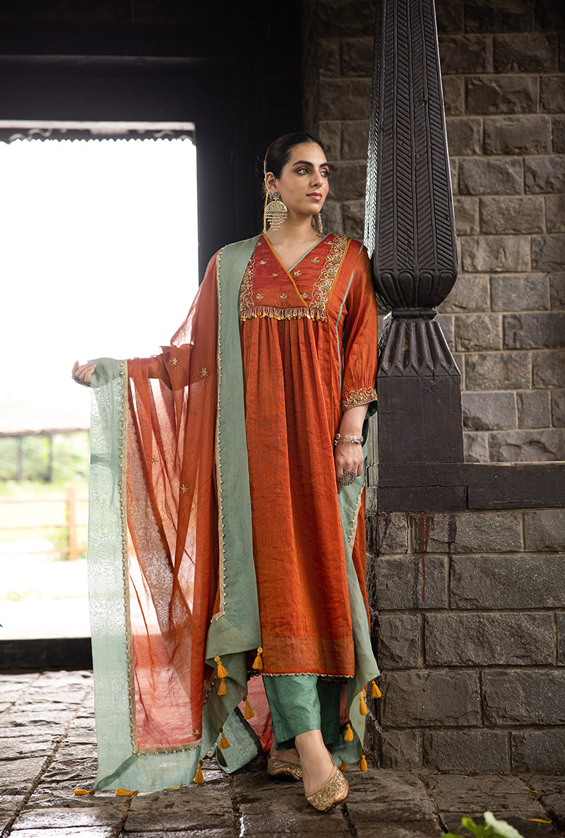 Rust Overlapping Yoke Kalidar Surmayi Kurta Set