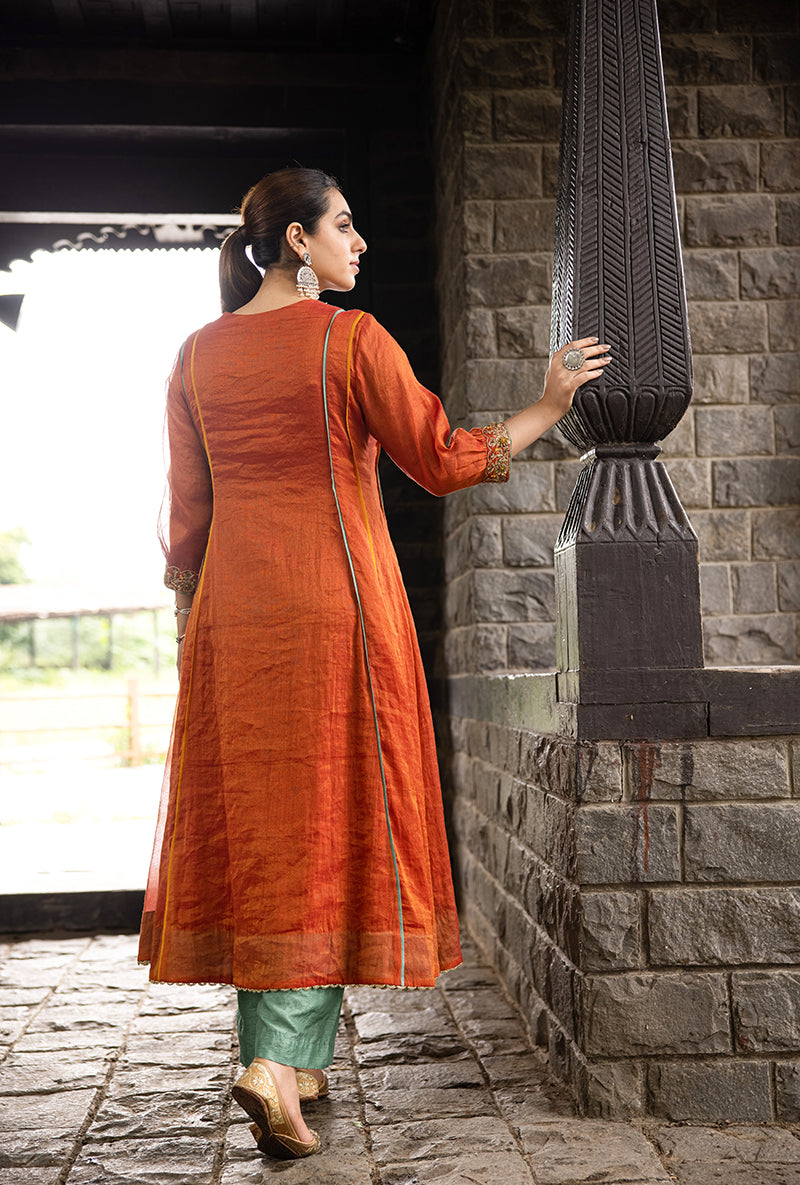 Rust Overlapping Yoke Kalidar Surmayi Kurta Set