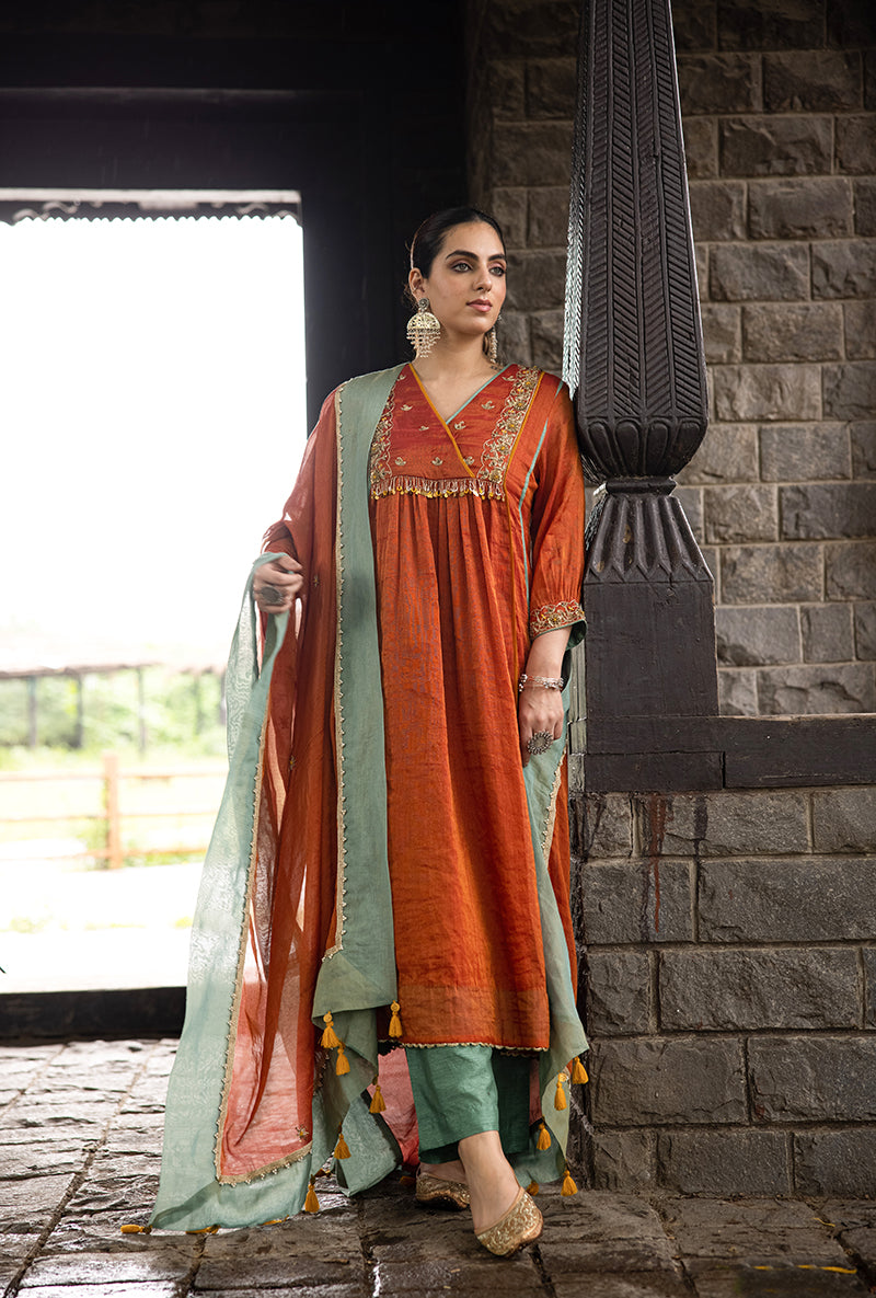 Rust Overlapping Yoke Kalidar Surmayi Kurta Set