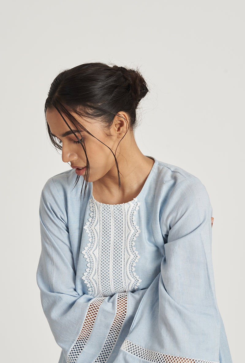 Sky Blue Pakistani-Inspired Flared Sabreen Laila Kurta Set