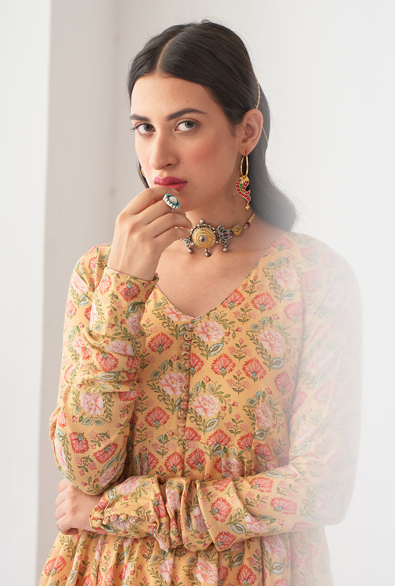 Yellow Digitally Printed Iris Anarkali Set