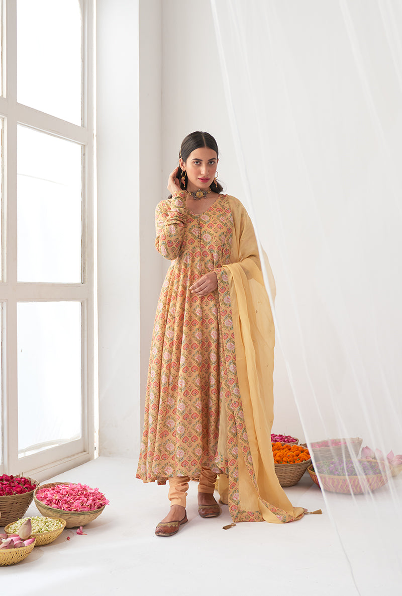 Yellow Digitally Printed Iris Anarkali Set