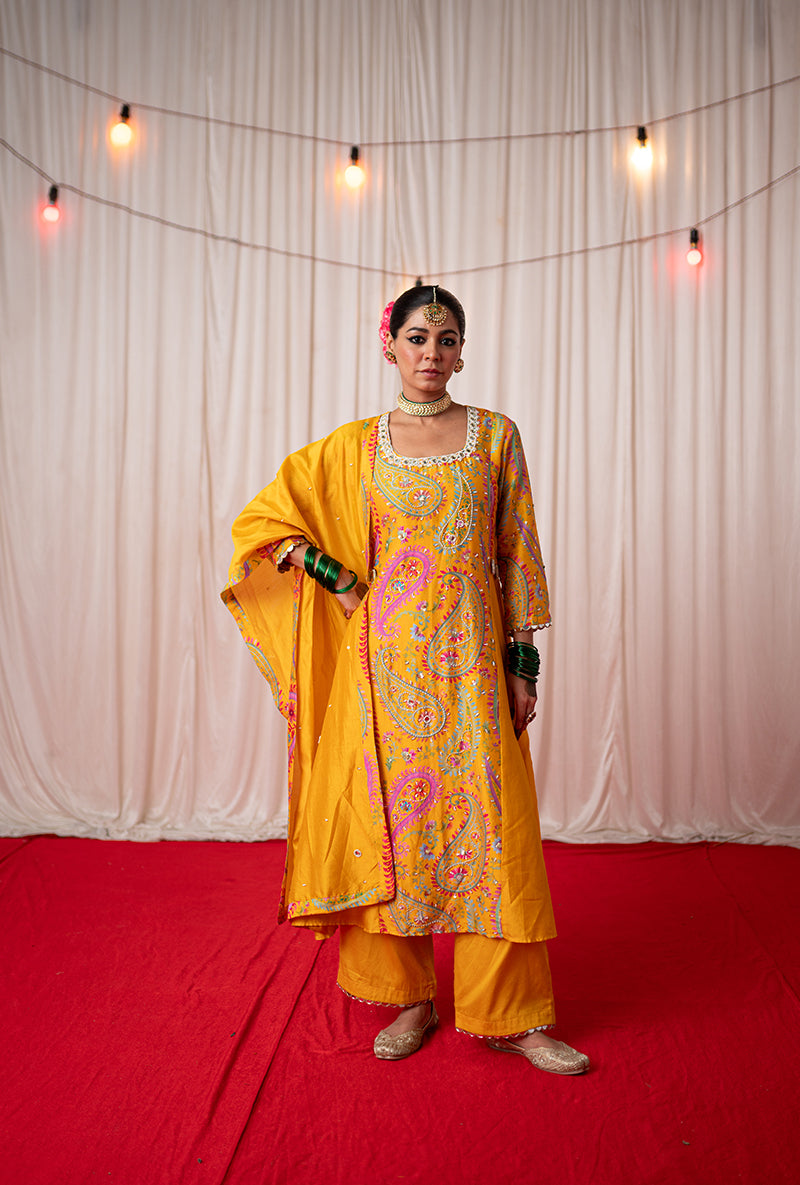 Yellow Embroidered Side Panel Kikli Kurta Set