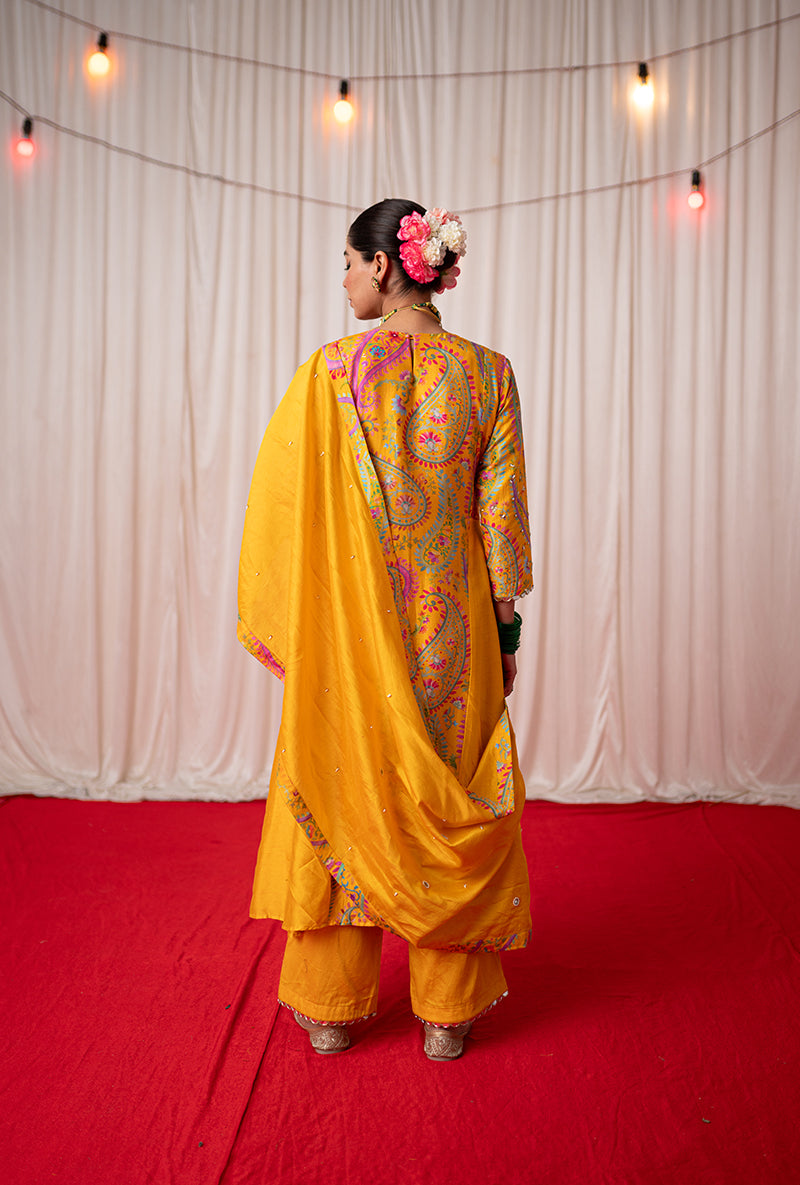 Yellow Embroidered Side Panel Kikli Kurta Set