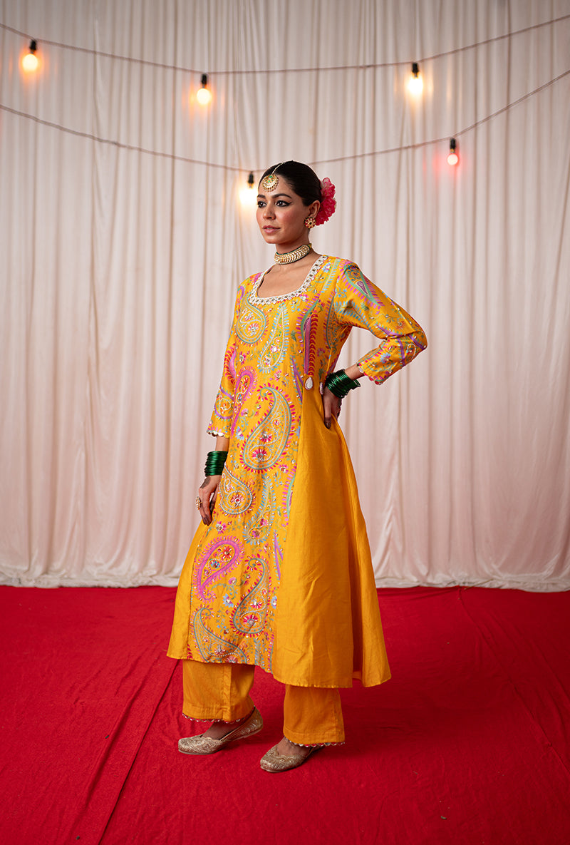 Yellow Embroidered Side Panel Kikli Kurta Set