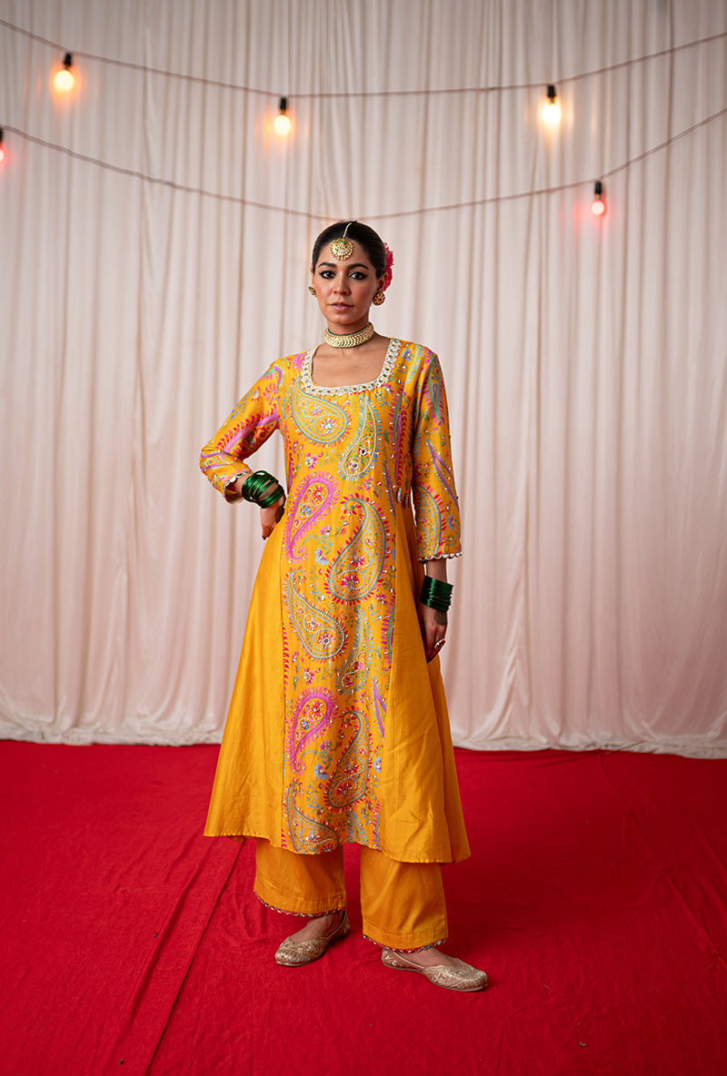 Yellow Embroidered Side Panel Kikli Kurta Set