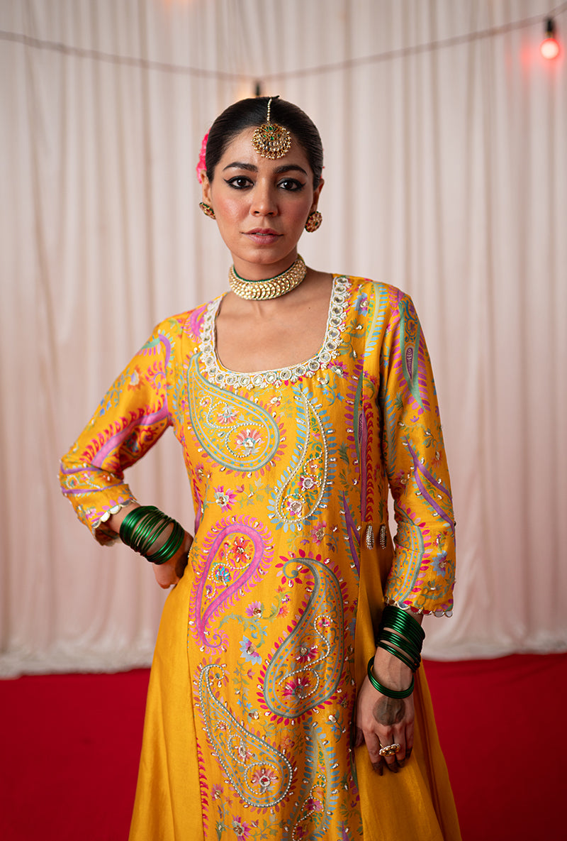 Yellow Embroidered Side Panel Kikli Kurta Set