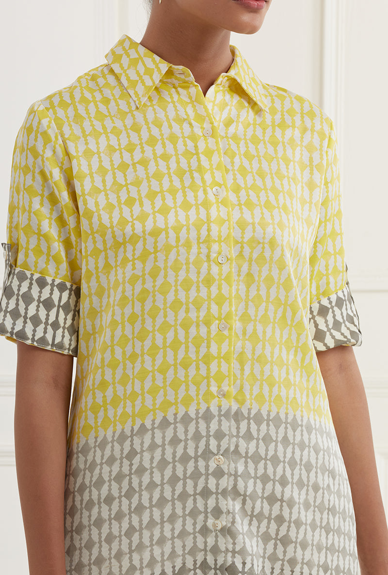 Yellow Grey Ombre Block Print Sehar Shirt Dress