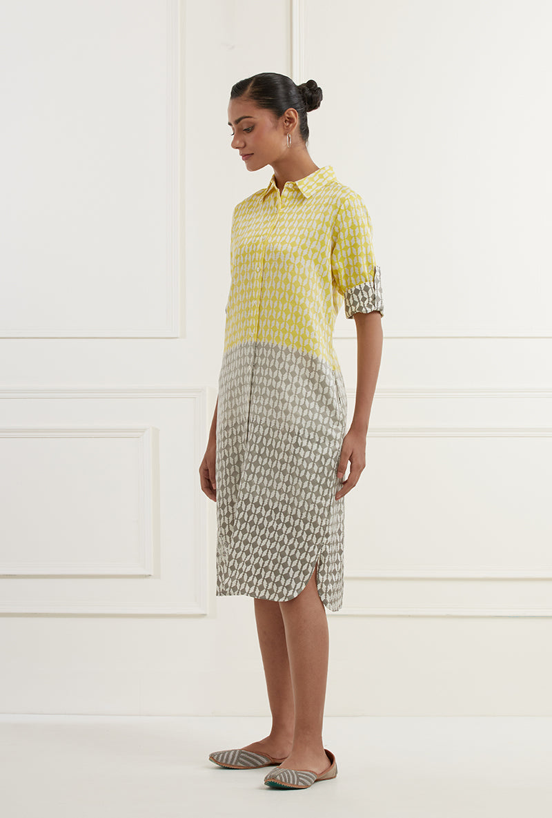 Yellow Grey Ombre Block Print Sehar Shirt Dress