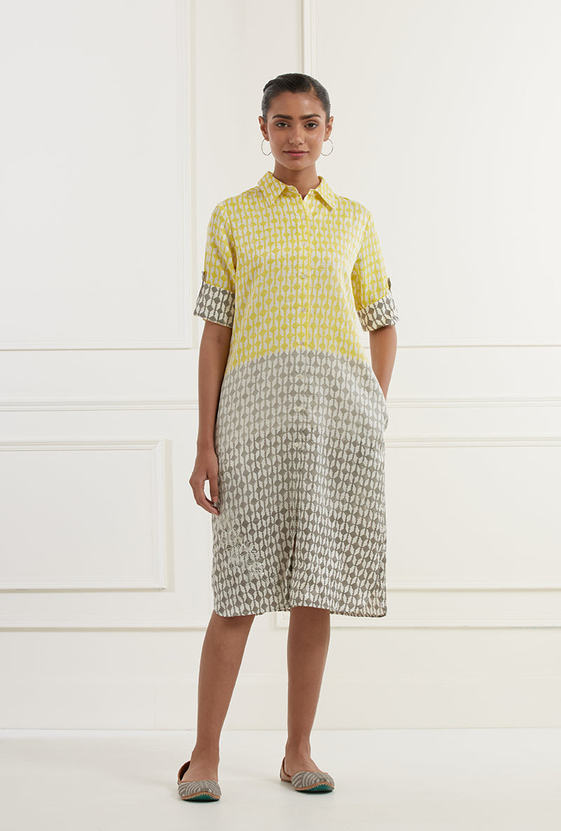 Yellow Grey Ombre Block Print Sehar Shirt Dress