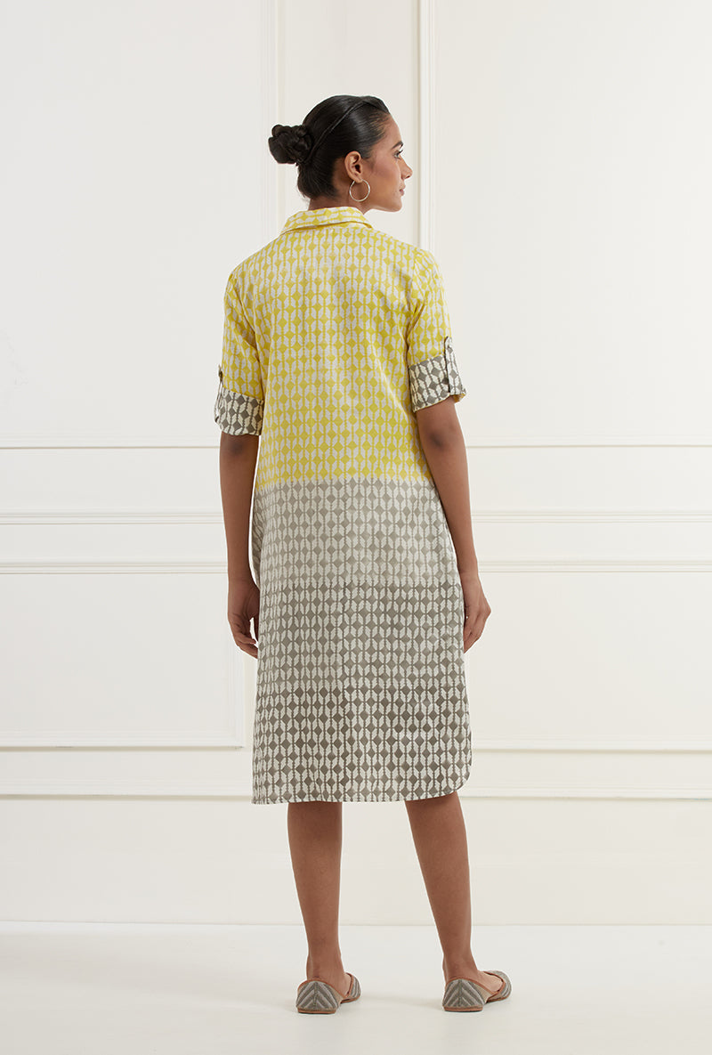 Yellow Grey Ombre Block Print Sehar Shirt Dress