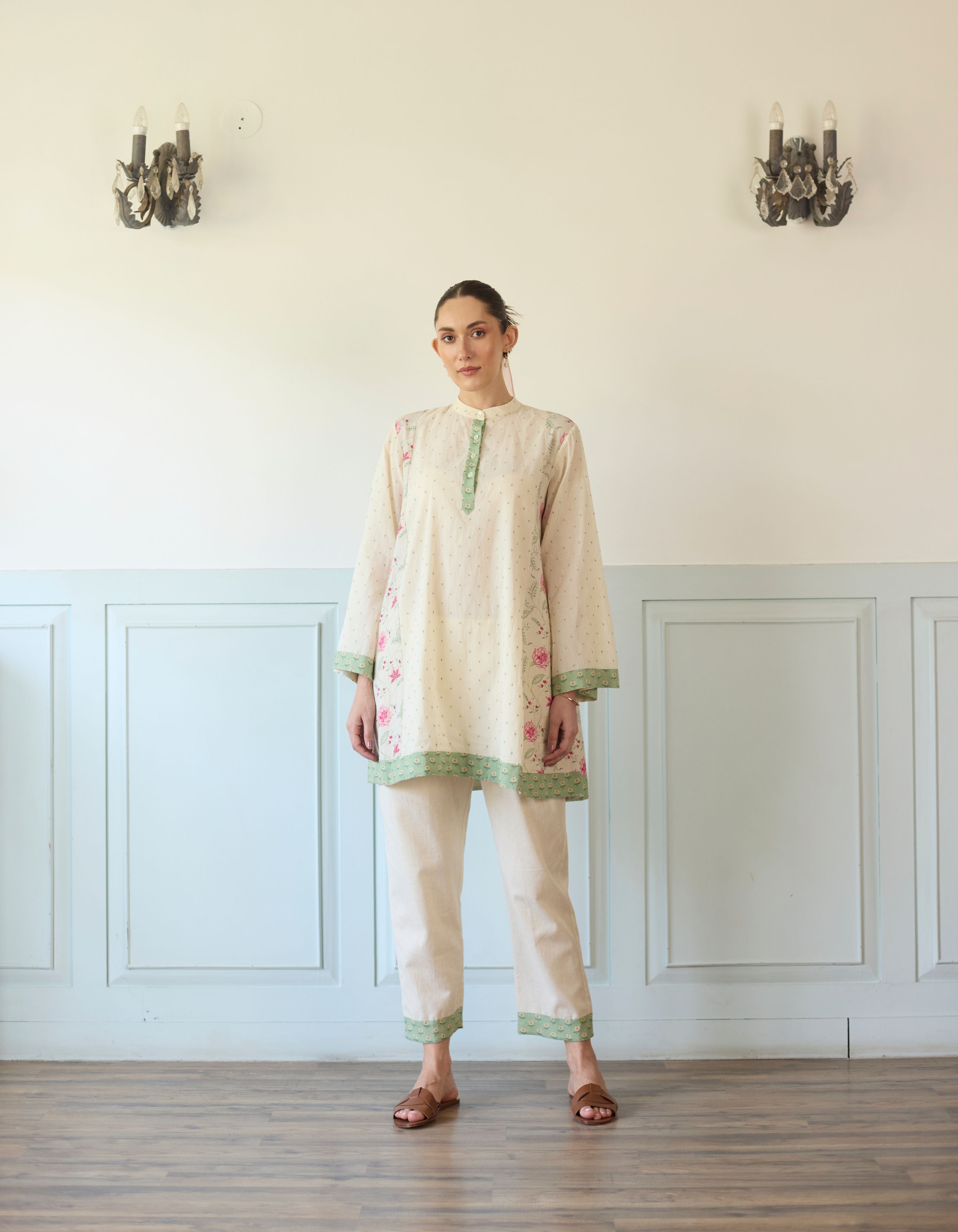 Pink And Green Flared Printed Side Panel Short Amelia Kurta Set