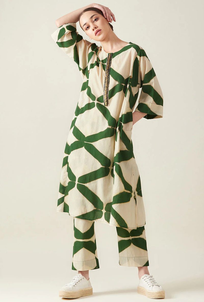 Green Clamp Dye Embroidered Love Letters Co-Ord Set