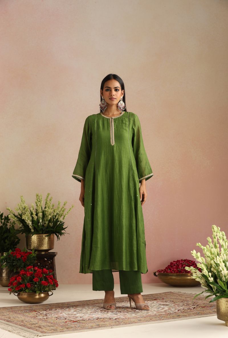 Olive Green Cheeta Work Itrh Kurta Set